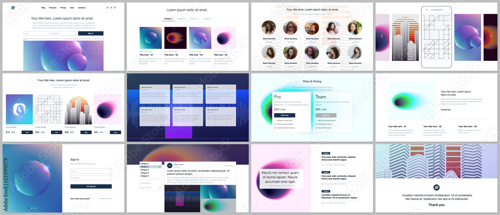 Vector templates for website design, minimal presentations, portfolio with colorful abstract gradient blurs and geometric backgrounds. UI, UX, GUI. Design of header, dashboard, features page, blog etc