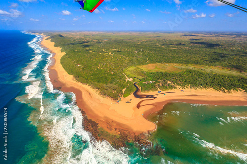 Aerial view of Sodwana Bay National Park within the iSimangaliso Wetland Park, Maputaland, an area of KwaZulu-Natal on the east coast of South Africa. Indian Ocean landscape.