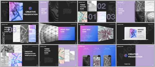 Minimal presentations design, portfolio vector templates with elements on black background. Multipurpose template for presentation slide, flyer leaflet, brochure cover, report, marketing, advertising.