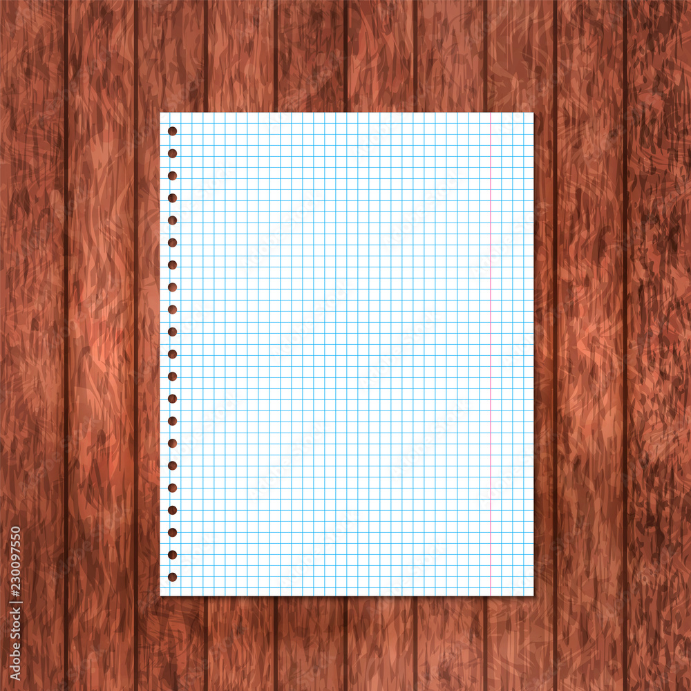 Blank notebook page on dark brown wood background. Checkered paper sheet on wooden deck surface. Stationery for education or office. Blank notebook page on dark brown wood background. Checkered paper sheet on wooden deck surface. Stationery for education or office.