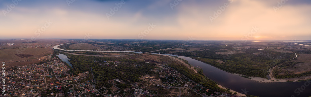 Aerial view on river, town and neighborhoods