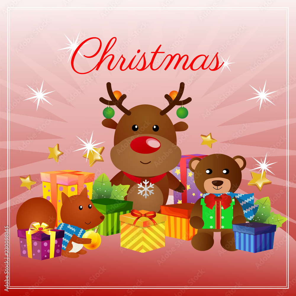 Fototapeta premium colorful christmas card with gift box and reindeer