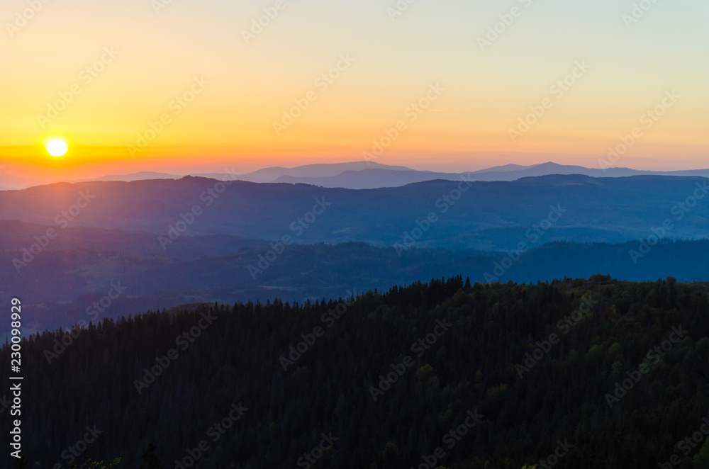 Sunset in the Carpathian Mountains in the autumn season