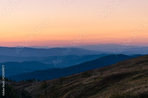 Sunset in the Carpathian Mountains in the autumn season