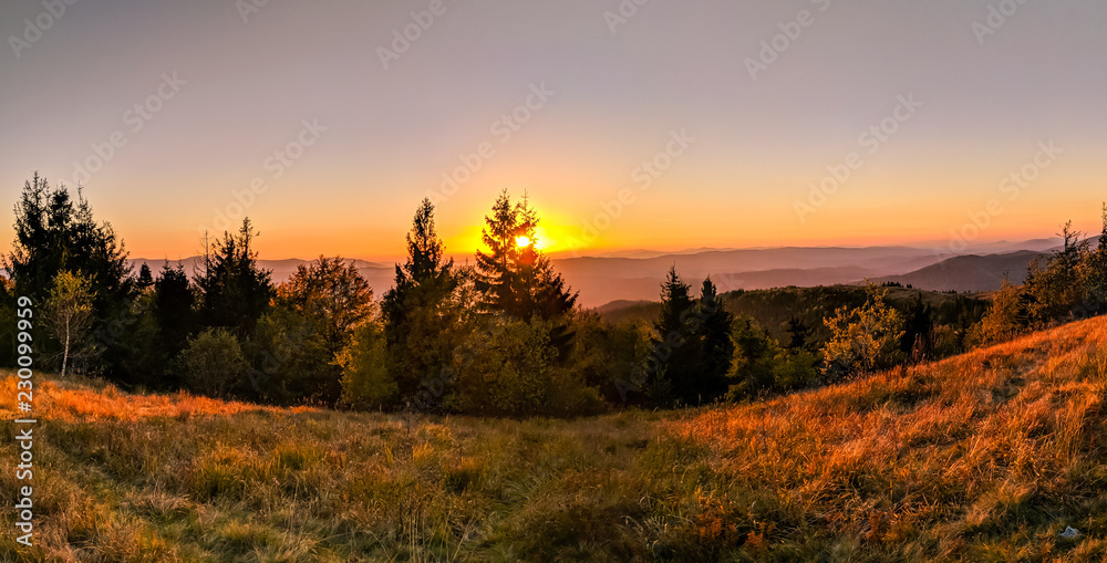 Sunset in the Carpathian Mountains in the autumn season