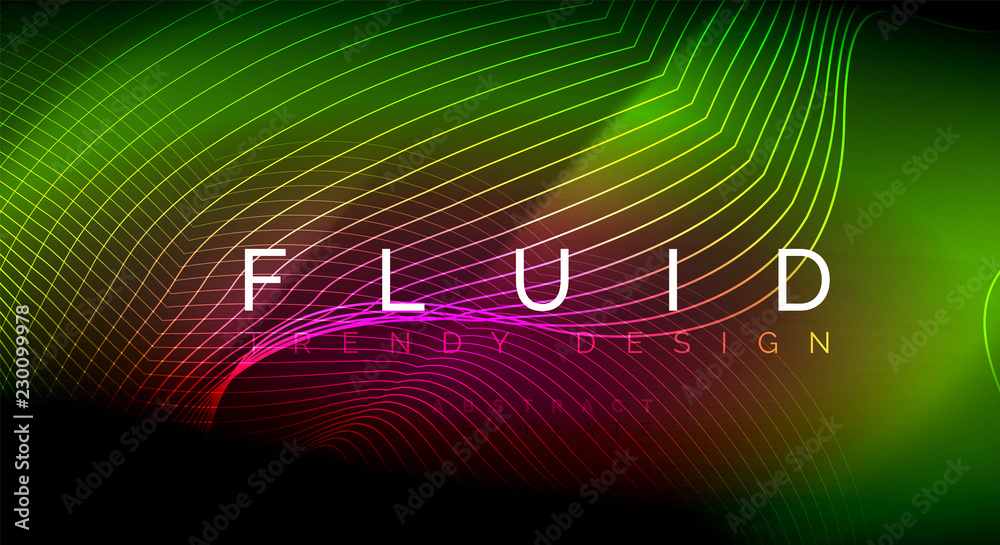 Neon glowing fluid wave lines, magic energy space light concept, abstract background wallpaper design, ripple texture illustration