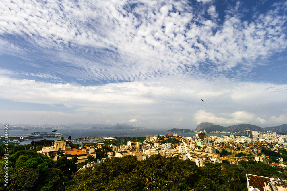General view of the Catete neighborhood with the Sugarloaf hill in the background in Rio de Janeiro, Brazil