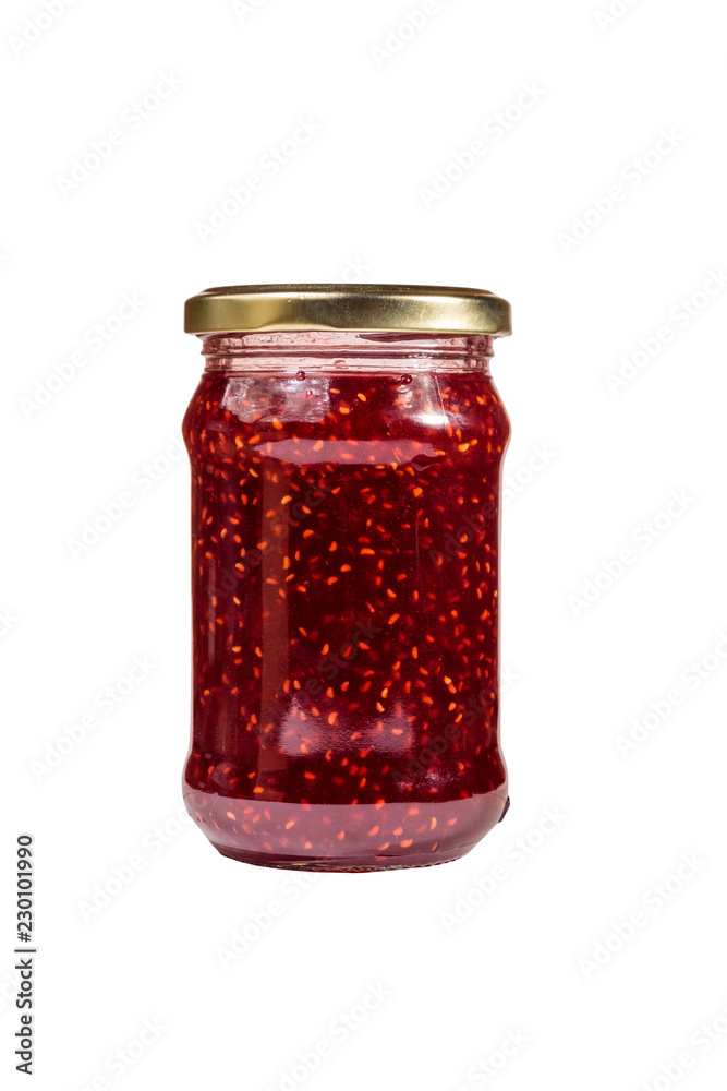 Raspberry jam in glass jar isolated on white background Raspberry jam in glass jar isolated on white background