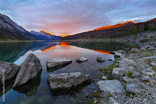 Fototapeta Naklejka Na Ścianę i Meble -  Beautiful sunset over Medicine Lake, Jasper National Park, Alberta, Canada