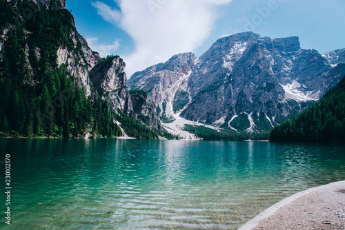 Beautiful view of Lago di Braies or Pragser wildsee, Italy.