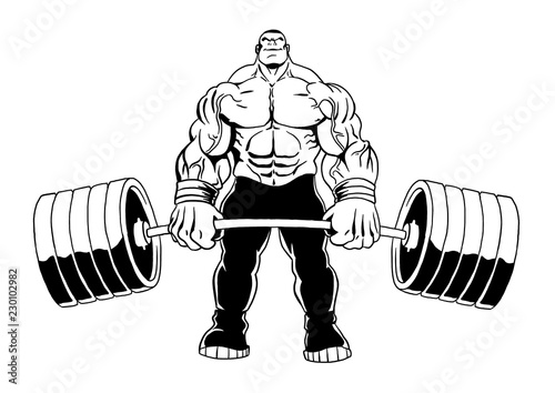 muscular bodybuilder lifts heavy barbell, illustration, cartoon, clipart, logo