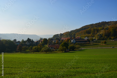 scenic wide angle view of village in switzerland