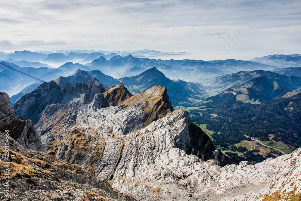 scenic view from säntis in the swiss alps on alpstein massiv