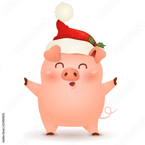 Christmas cute, little Pig cartoon character design waving hands and greeting 