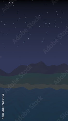 Starry moonless sky. Ocean shore line with waves on a beach. Island beach paradise with waves. Vacation  summer  relaxation. Seascape  seashore. Minimalist landscape  primitivism. 3D illustration