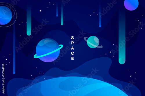 blue horizontal space background with abstract shape and planets. falling asteroids. Web design. vector illustration.