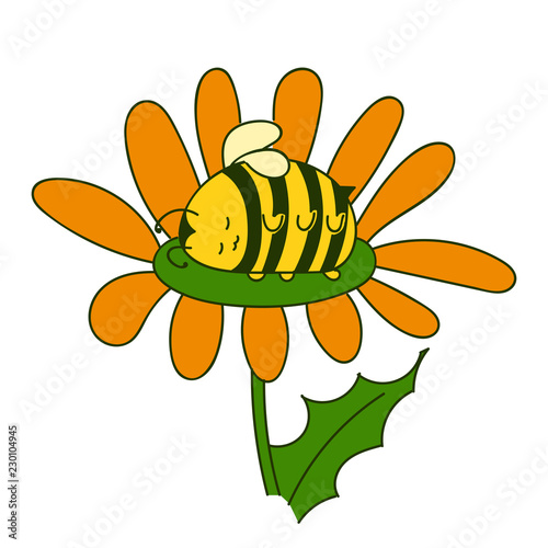 Cute little Bumblebee ink hand drawn sketch vector illustration. Happy fat sleeping in a flower. Bee icon. Print art sketch bees. Bee sign isolated on white background illustration