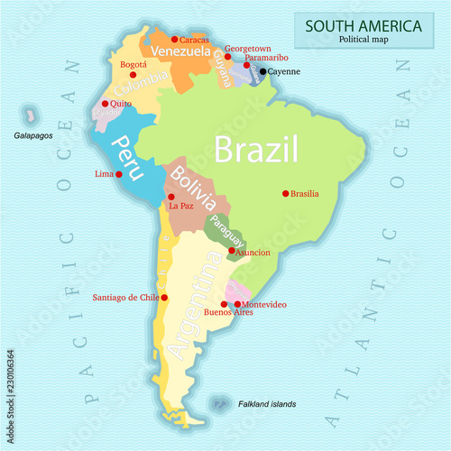 Hand drawn map of South America. Vector illustration for school geography textbook, children's encyclopedia or infographics. Color country and capitals, oceans and Islands.