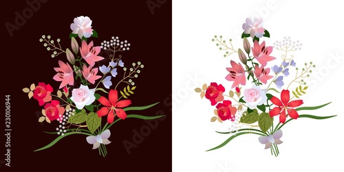 Cuadro en lienzo Two beautiful bouquets of garden flowers isolated on black and white backgrounds
