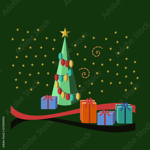 Christmas eve motif with tree, gifts and stars