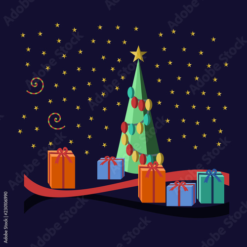 Christmas eve motif with tree, gifts and stars