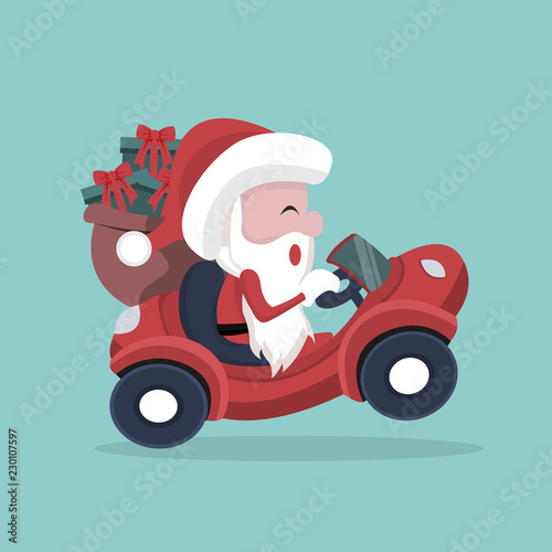 Santa Claus carrying gifts in his car