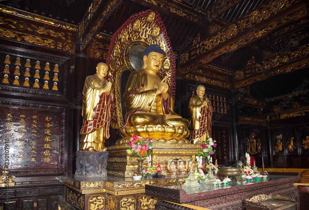 Buddhist Temple. Golden statue of Buddha-- southern Xian (Sian, Xi'an), Shaanxi province, China