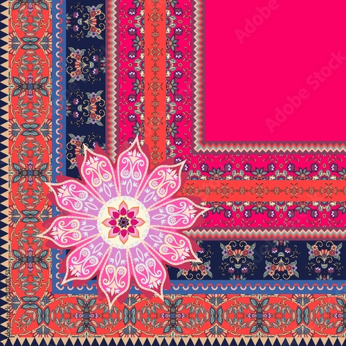 Quarter of beautiful ornamental shawl in ethnic style with luxury border and mandala flower in vector. Indian motives.
