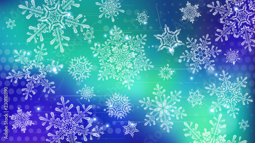 Snowflakes and festive lights - vector background with beautiful snowflakes that merrily shine and shimmer in color space