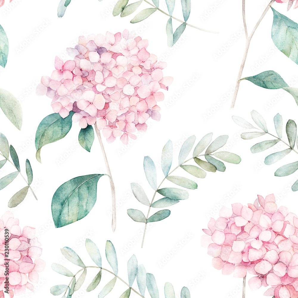 Watercolor seamless pattern. Vintage print with hortensia flowers and eucalyptus branches. Hand drawn illustration - obrazy, fototapety, plakaty 