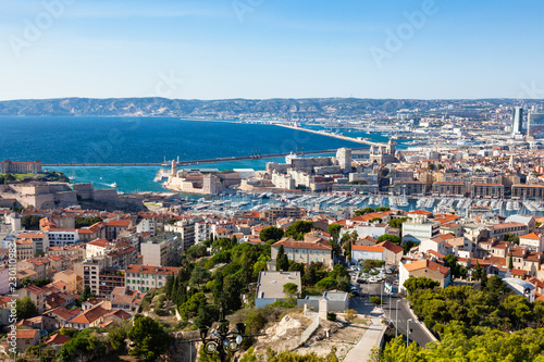 Aerial view of Marseille pier - Vieux Port, Saint Jean castle, and mucem in south of France