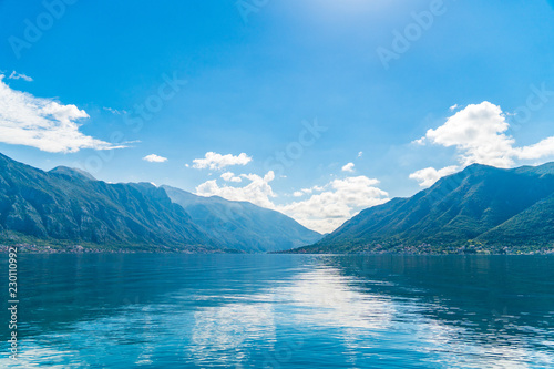 Mediterranean Landscape of Mountains and Small Villages along Bay of Kotor, Montenegro