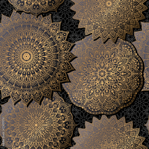 Seamless background with ornament mandala in gold color. Round arabesque design pattern