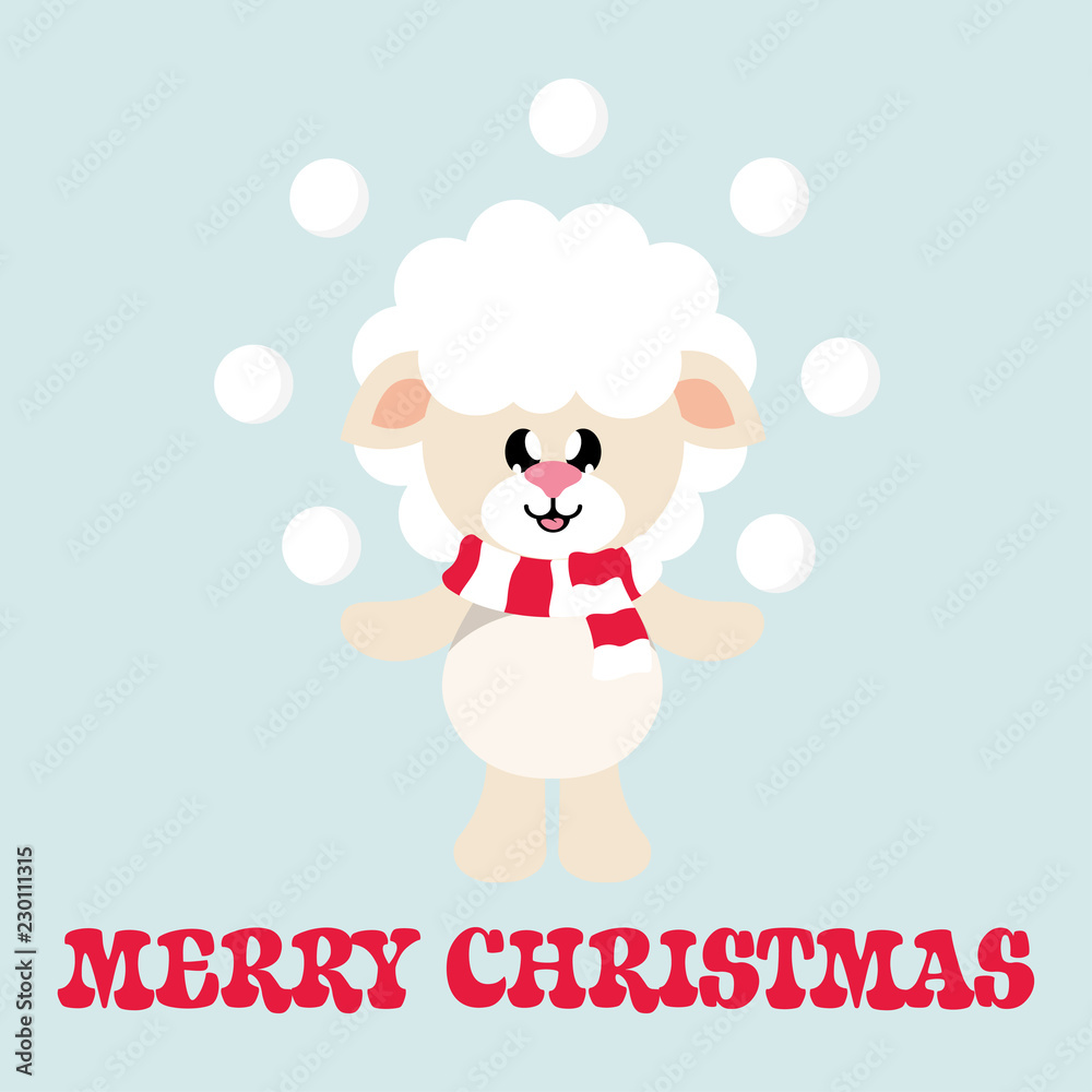 cartoon cute sheep white with scarf and snowball and christmas text cartoon cute sheep white with scarf and snowball and christmas text