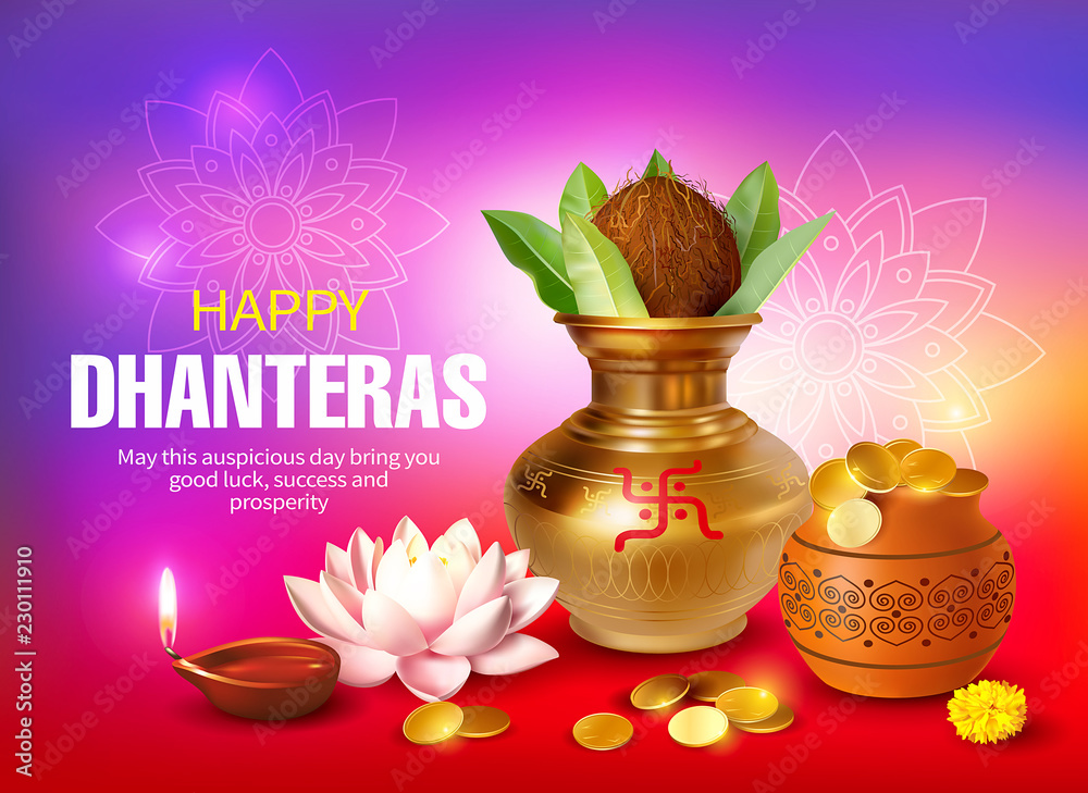 Fototapeta premium Greeting background with kalash, diya and gold coins for Indian festival Dhanteras (Diwali season). Vector illustration.