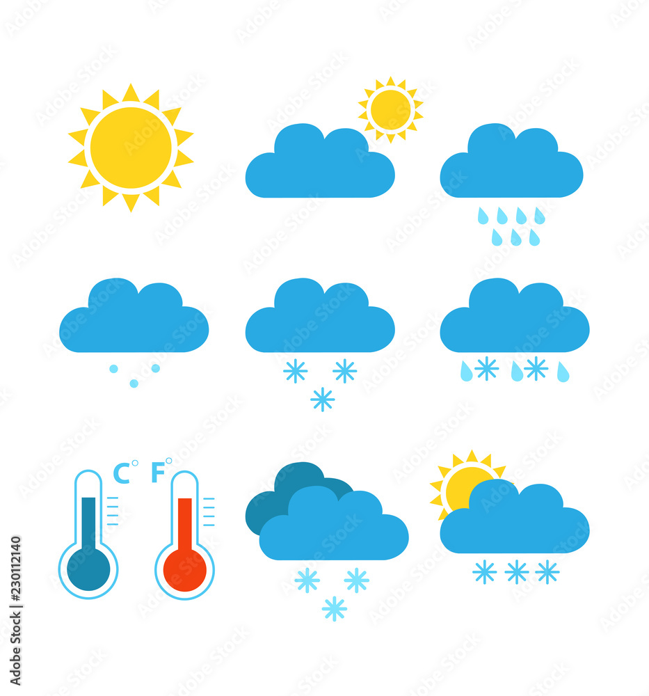 Obraz premium Flat color weather icons vector illustration isolated