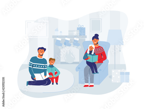 Parents Reading Books with Children on Christmas Eve at Home. Winter Holidays Happy Characters near Fireplace. Father Read Book for Son. Vector illustration