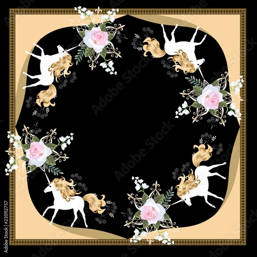 Bandana print with ornamental frame, cute cartoon unicorns, bouquets of flowers on black background in vector. photo