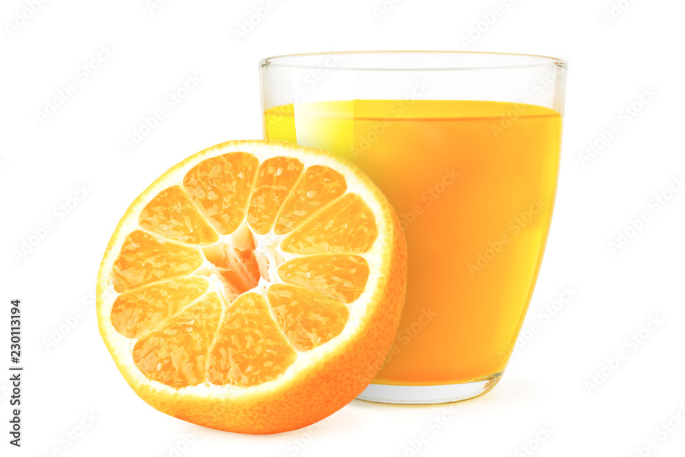 Tangerine juice in a glass and half on a white, close-up. Tangerine juice in a glass and half on a white, close-up.