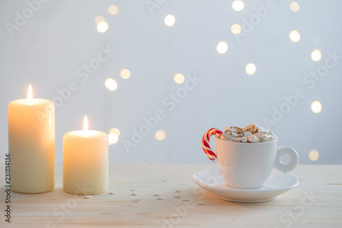 hot chocolate with marshmallow on white background