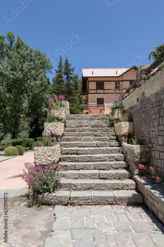 Stone stairs going to a beautiful building surrounded by trees and flower in Mendoza Argentina © Diane