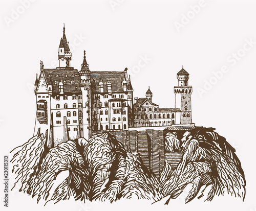 Graphical vintage neuschwanstein castle isolated , Germany,retro medieval fortress illustration photo