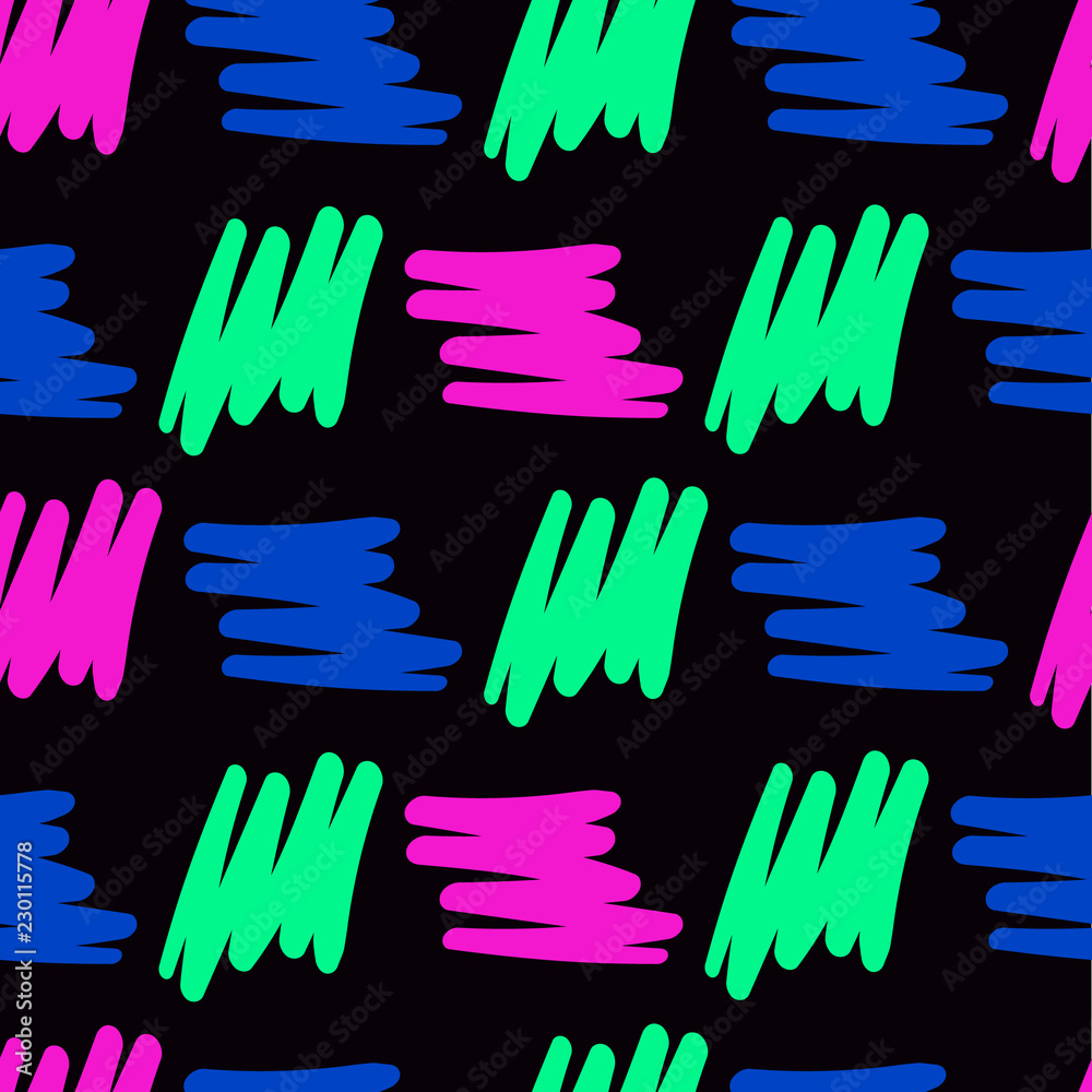 Obraz premium Seamless pattern of pink, green and blue strokes on a black background