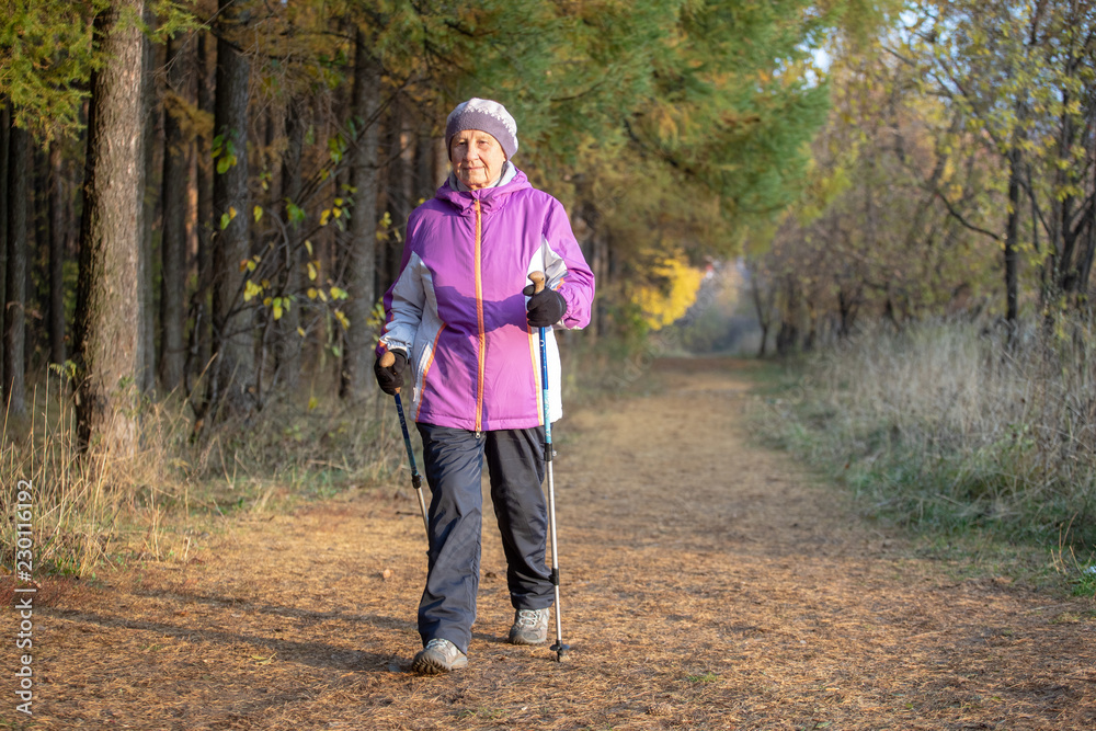 A woman over the age of 65 is engaged in Nordic walking in the fresh air.