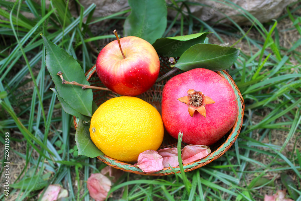 Fruit Composition: Pomegranate, Apple, Orange and Lemon Leaves in a Wicker Basket. Background: Green Grass Fruit Composition: Pomegranate, Apple, Orange and Lemon Leaves in a Wicker Basket. Background: Green Grass