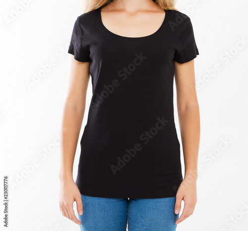 cropped portrait woman in black tshirt isolated on white background. Mock up for design. Copy space. Template. Blank