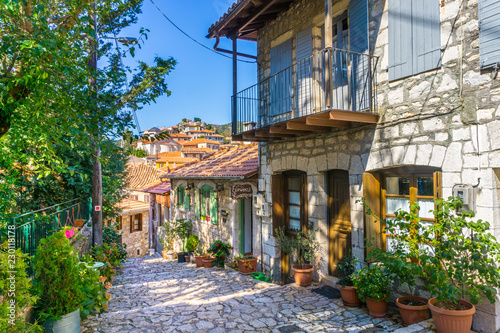 Street view of Dimitsana village, a popular winter destination in mountainous Arcadia in Peloponnese, Greece