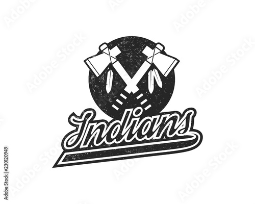 American football logo emblem. USA sports badge in silhouette style. Monochrome logotype design with tomahawk and Indians sign. Stock vector insignia isolated on white background