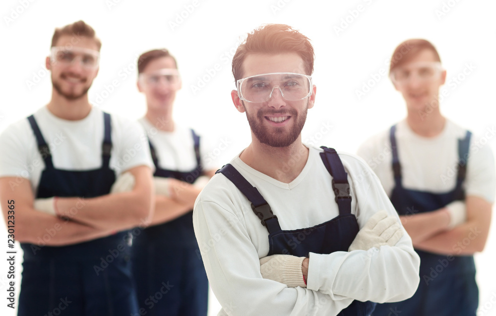 boss and team of professional industrial workers