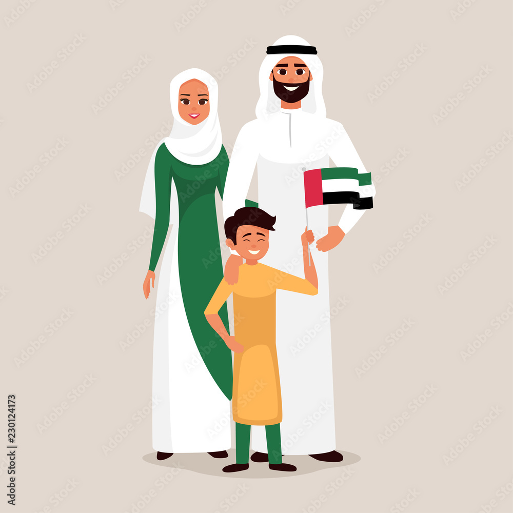 Happy family celebrating the United Arab Emirates Independence Day. Smiling Father, mother and son holding the flag of UAE.